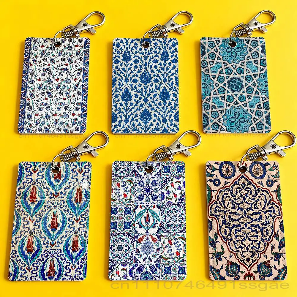 Art I-Iznik Tile Patterns Card Holder Men And Womenn Universal Antirust Keychain Learther Access Drop Key Tag Ring