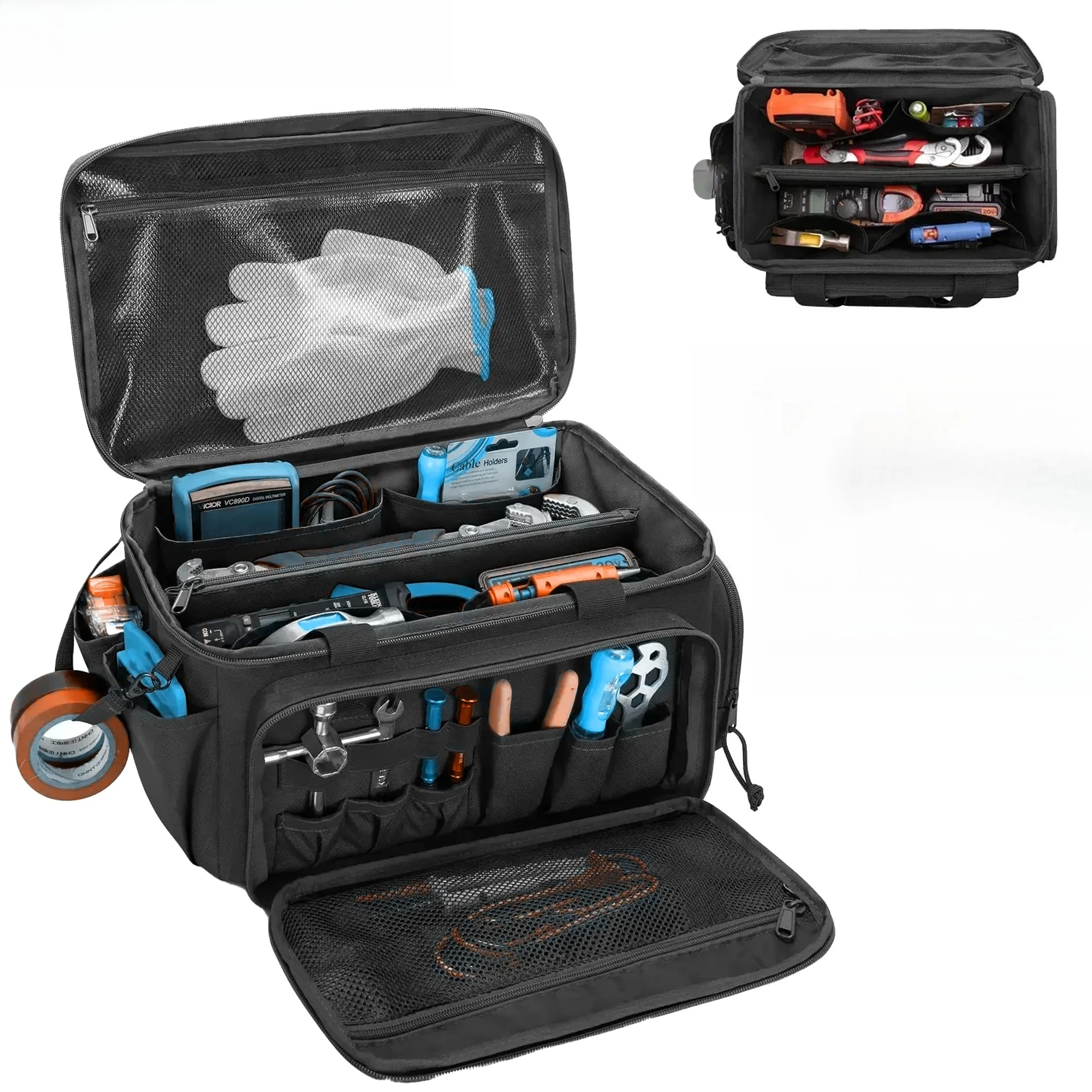 

14-дюймовая сверхмощная сумка для инструментов, нескользящая основа, рабочий органайзер с несколькими карманами для электриков, ремонтников, плотника, без инструментов