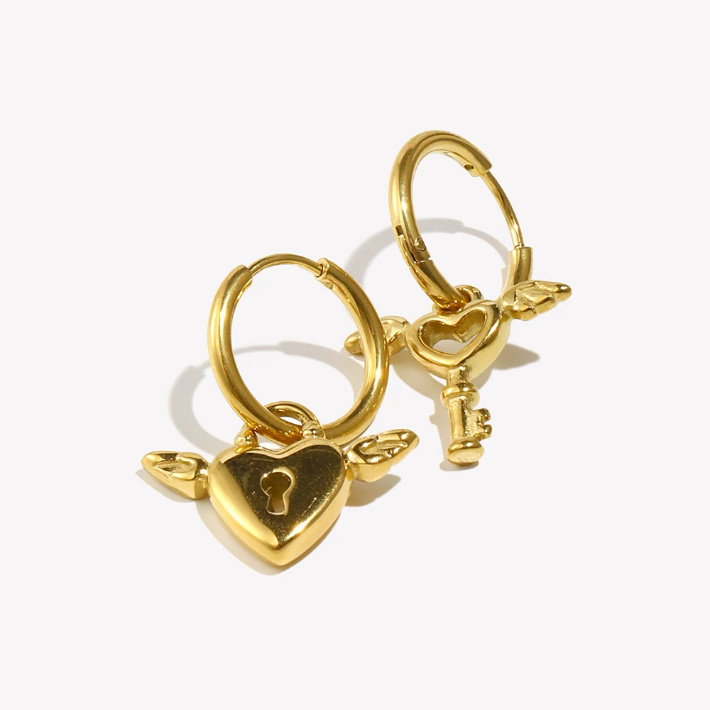 E.B.belle  Asymmetrical Angel Cupid Heart Lock and Key Charm Small Huggies Earrings Fashion Stainless Steel Drop Earring