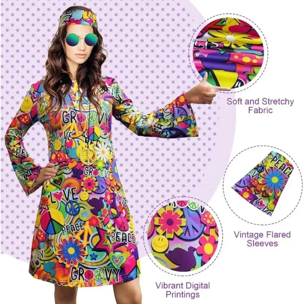Women’s Hippie Dress 1970s Costume Necklace Earrings Sunglasses Disco Outfit 1960s Party Costume Halloween Retro Dress (M Size) view 2