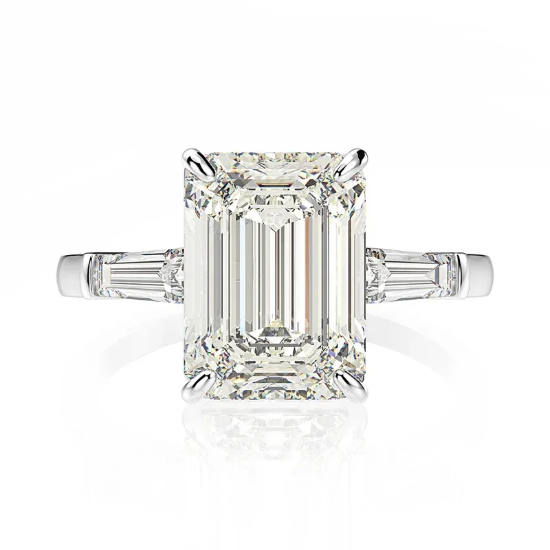 

New Pure Silver Emerald Cut To Create Moissanite Gemstone Wedding Engagement Diamond Ring Jewelry