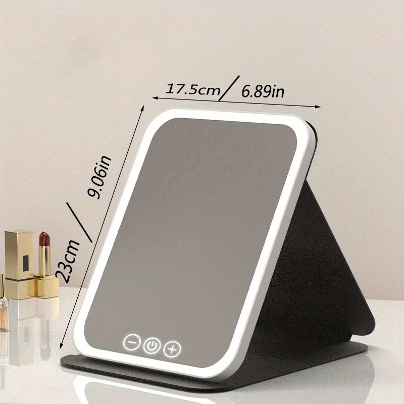 Espelho de maquiagem led 3 cores iluminação regulável com tela sensível ao toque dobrável espelho de maquiagem cosmética recarregável mesa para viagens para casa