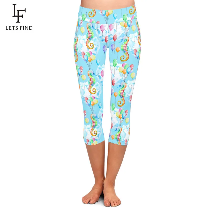 

LETSFIND Fashion Colorful Seahorse and Balloons Print Women Capri Leggings High Waist Soft Slim Elastic Leggings