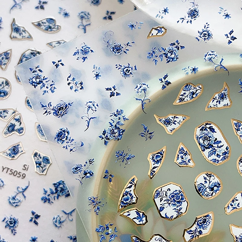 Adesivo in porcellana bianca blu in stile cinese Adesivo per nail art autoadesivo 3D Fiore Silverback Adesivo per manicure Decalcomania per salone fai da te