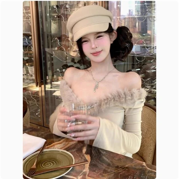 تي شيرت Pure Desire Spicy Girl من الفرو الصناعي على الكتف تي شيرت نسائي للخريف والشتاء بقصة ضيقة ملابس داخلية قاعدة علوية V-Ne Long Sve ort... #2