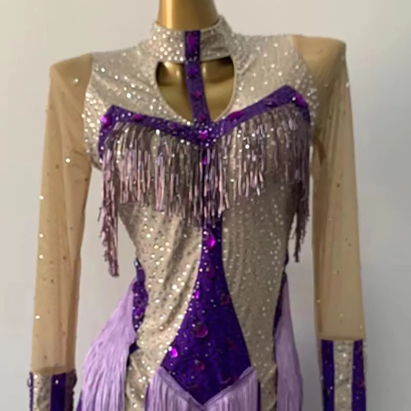 Latin Dance International Stage Dameskleding Hoogwaardige op maat gemaakte Samba Diamond Performance-jurk met kleurverloop en kwastjes