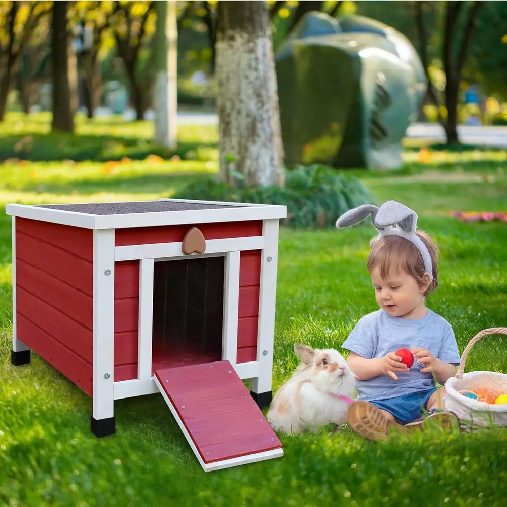 Weatherproof Outdoor Cat Shelter for Feral Cats - Small Wooden Rabbit Hutch in Red