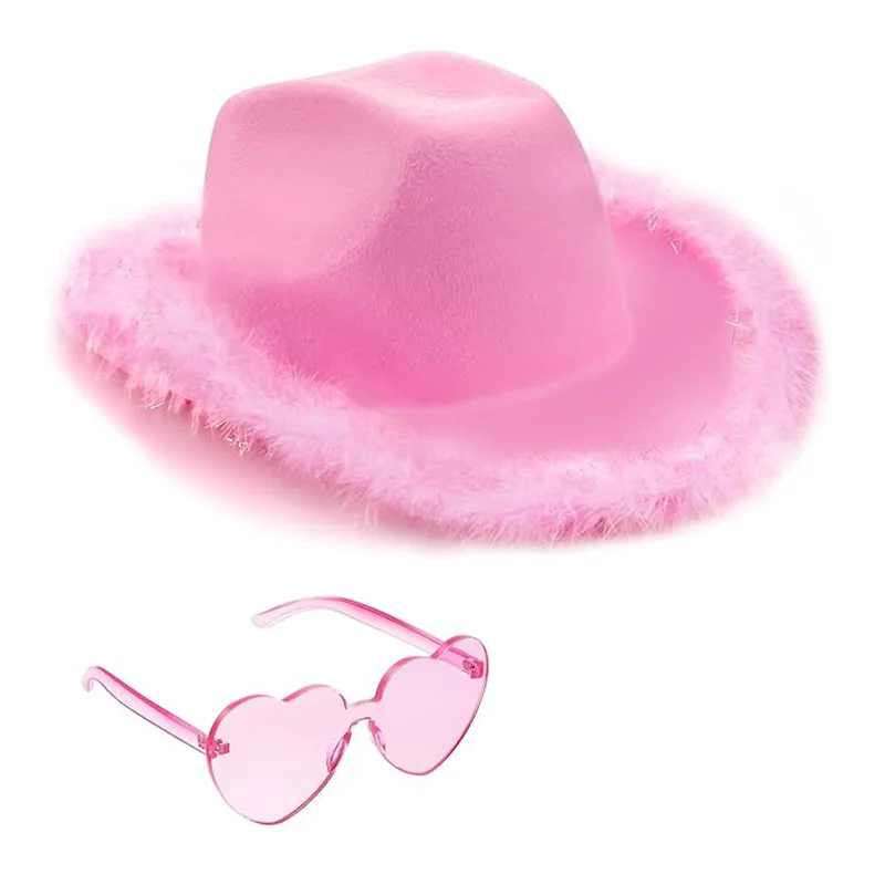 Novo criativo meninas bonito chapéu de cowboy rosa com óculos de coração pêssego conjunto de duas peças chapéu engraçado festa de férias vestir-se adereços presentes