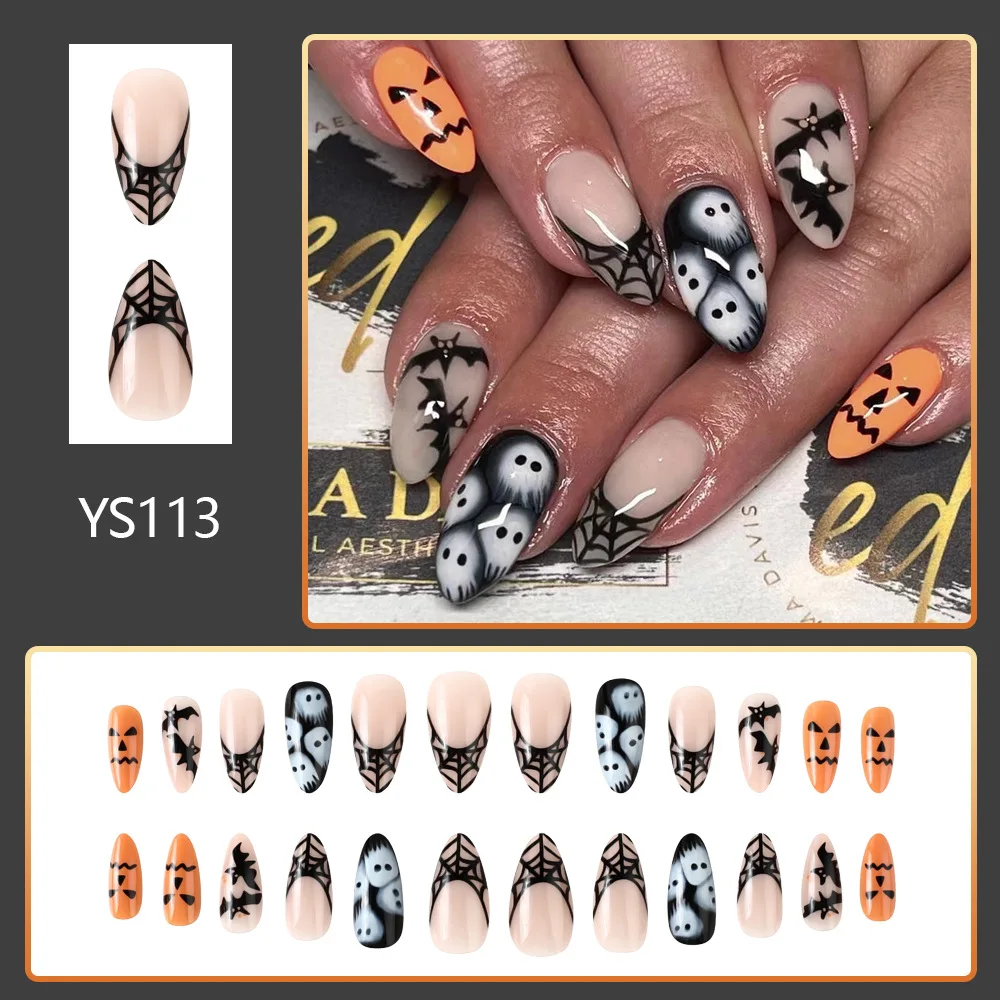 Uñas postizas con forma de almendra de Halloween, pegatina reutilizable para uñas, brillante, murciélago negro, calabaza, fantasma, Araña, 24 unids/lote por caja