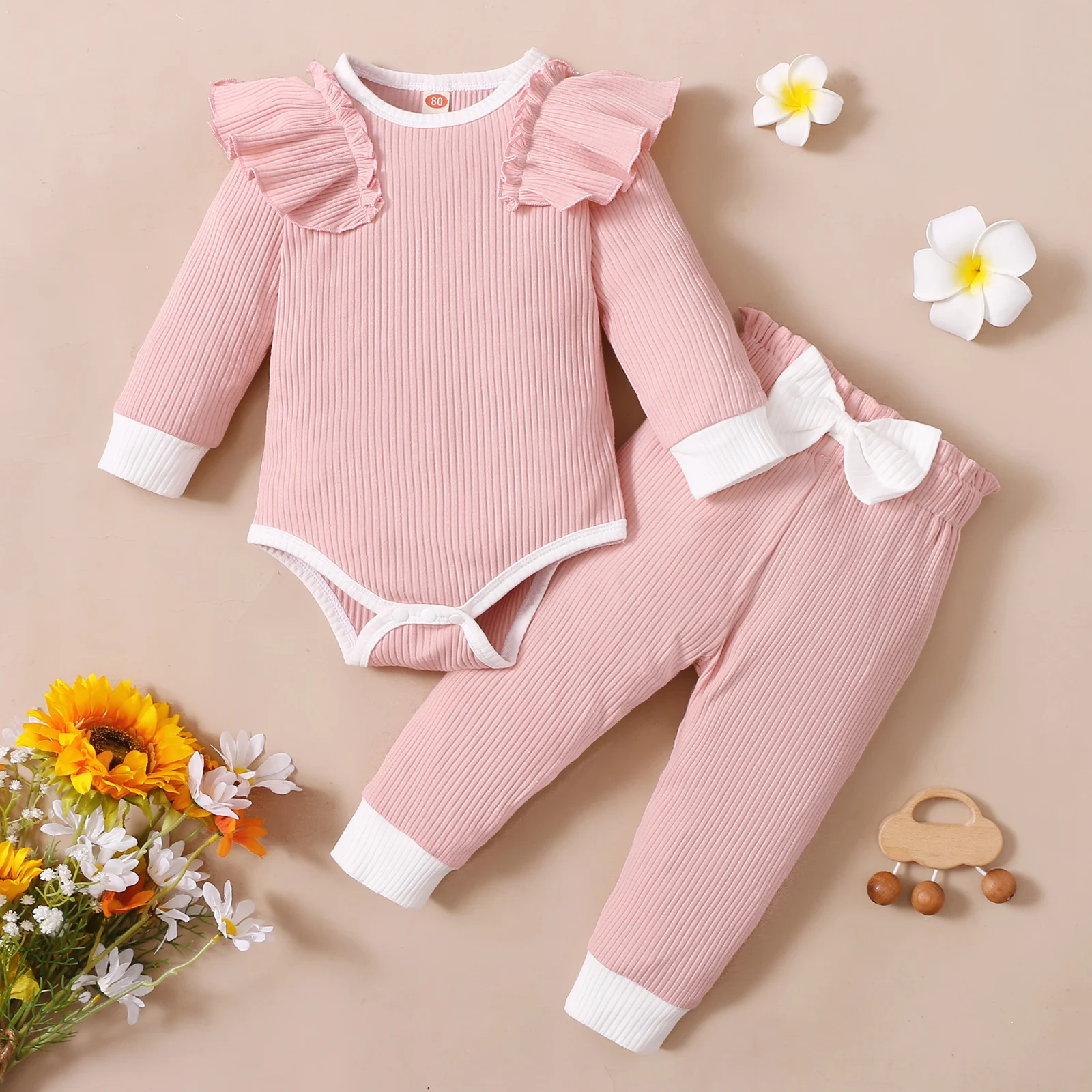 0-2 Year Old Newborn Baby Girls Spring and Autumn Round Neck Long Sleeve Jumpsuit Pants Cute Fashion Set