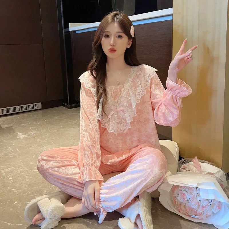 2024 New Women Gold Velvet Pajamas Spring Autumn Female Long-Sleeved Trousers Nightclothes Two-Piece Set Ruffles Casual Homewear