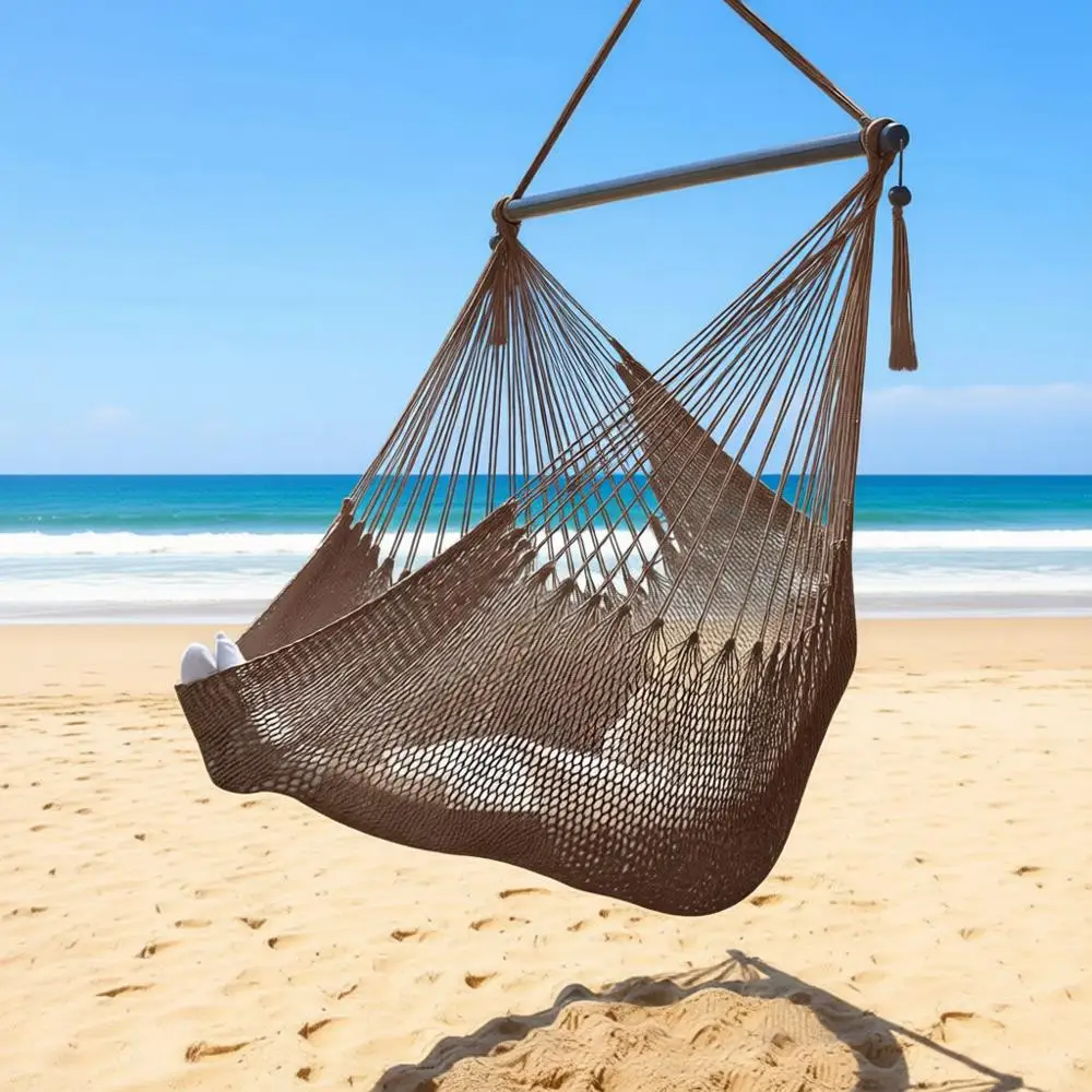 

Large Outdoor Indoor Hammock Swing Chair with Spreader Bar, Handcrafted Rope, 330 lbs Capacity, Brown