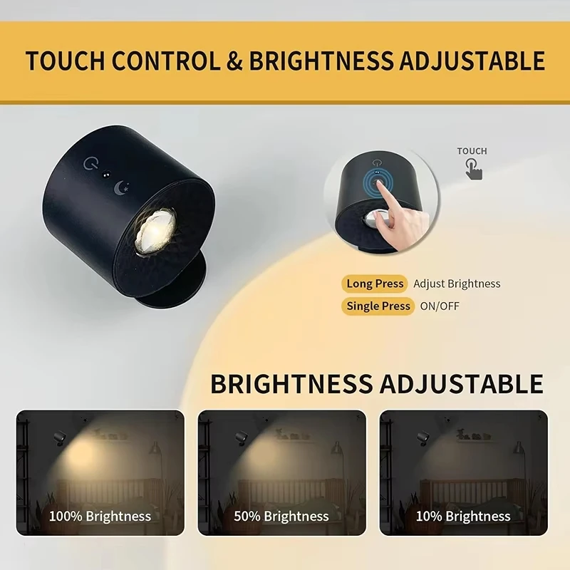 LED Mini Magnetic Wall Lamp Dual Head Touch Control Remote Wireless Portable Night Light 360 Rotatable USB Recharge Ambient Lamp
