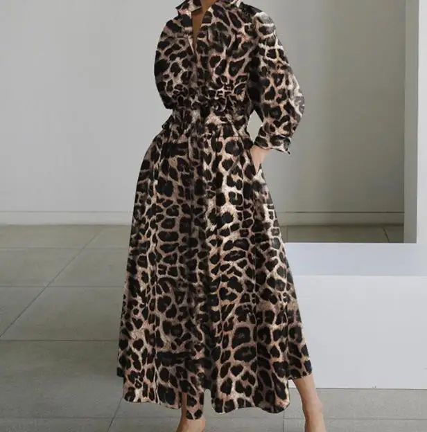 Vestido com estampa leopardo para mulheres, manga longa, polo urbano, balanço grande, roupas elegantes, moda, verão, 2023