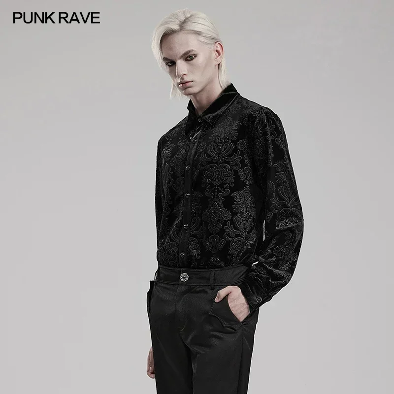 PUNK RAVE Men\'s Gothic Simple Version Embossed Velvet Shirt Party Loose Tops Black Shirts Autumn/Winter Men Clothing