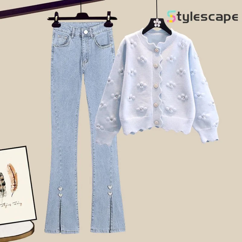 Conjunto de 2 peças de suéter e jeans split para mulheres, estilo perfumado pequeno, envelhecimento feminino doce, estilo coreano, temperamento, outono, 2024