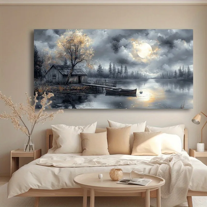 

Lakeside Moonlit Cabin Canvas Wall Art Modern Abstract Landscape Painting Framedless High-Quality Print on Canvas Home Decor