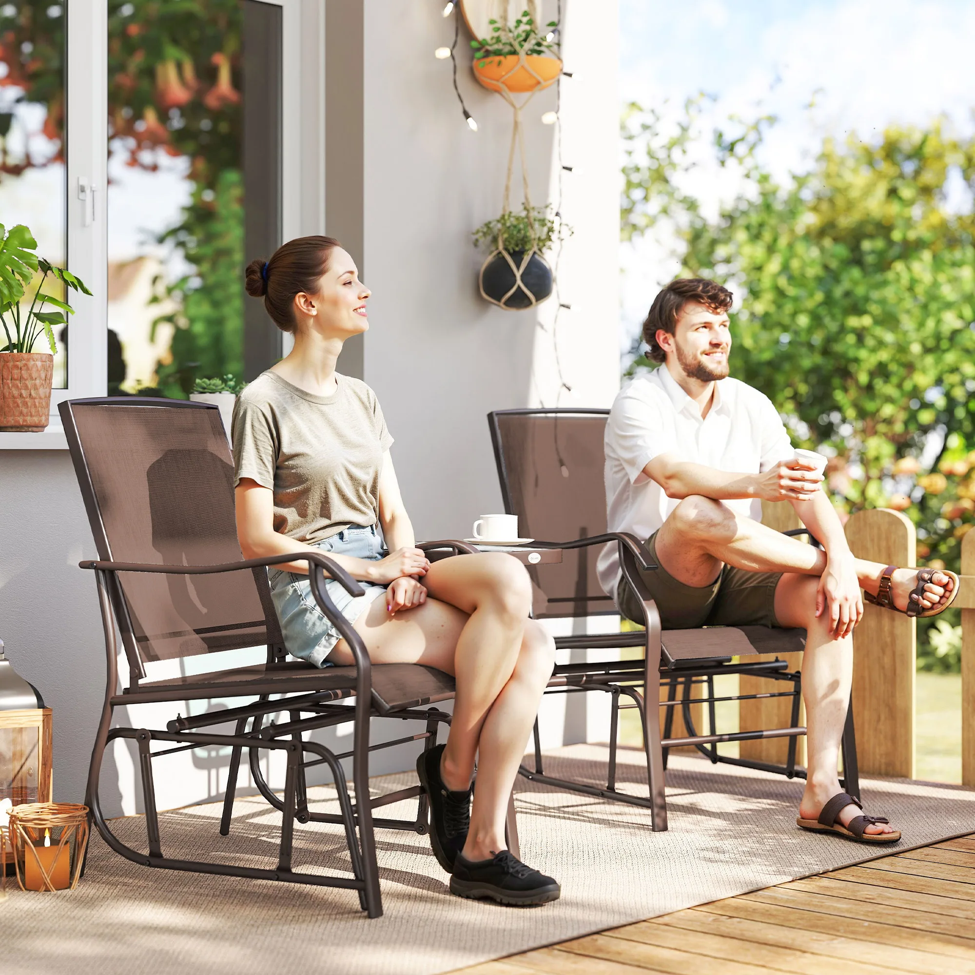 Outdoor Glider Chairs with Coffee Table, Patio 2-Seat Rocking Chair Swing Loveseat with Breathable Sling for Backyard, Garden,