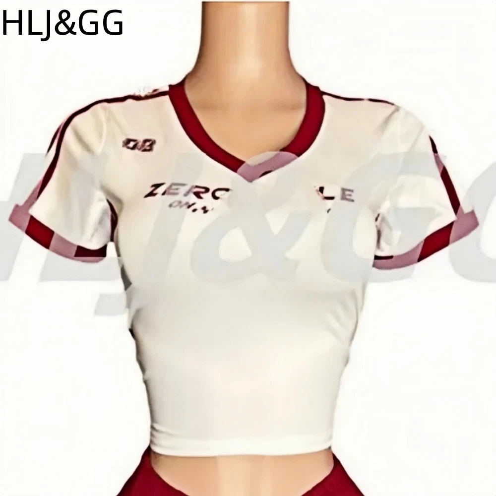 HLJ&GG Red American Vintage Letter Streetwear Women V Neck Short Sleeve Slim Crop Top And Ruched Shorts Two Piece Sets Outfits