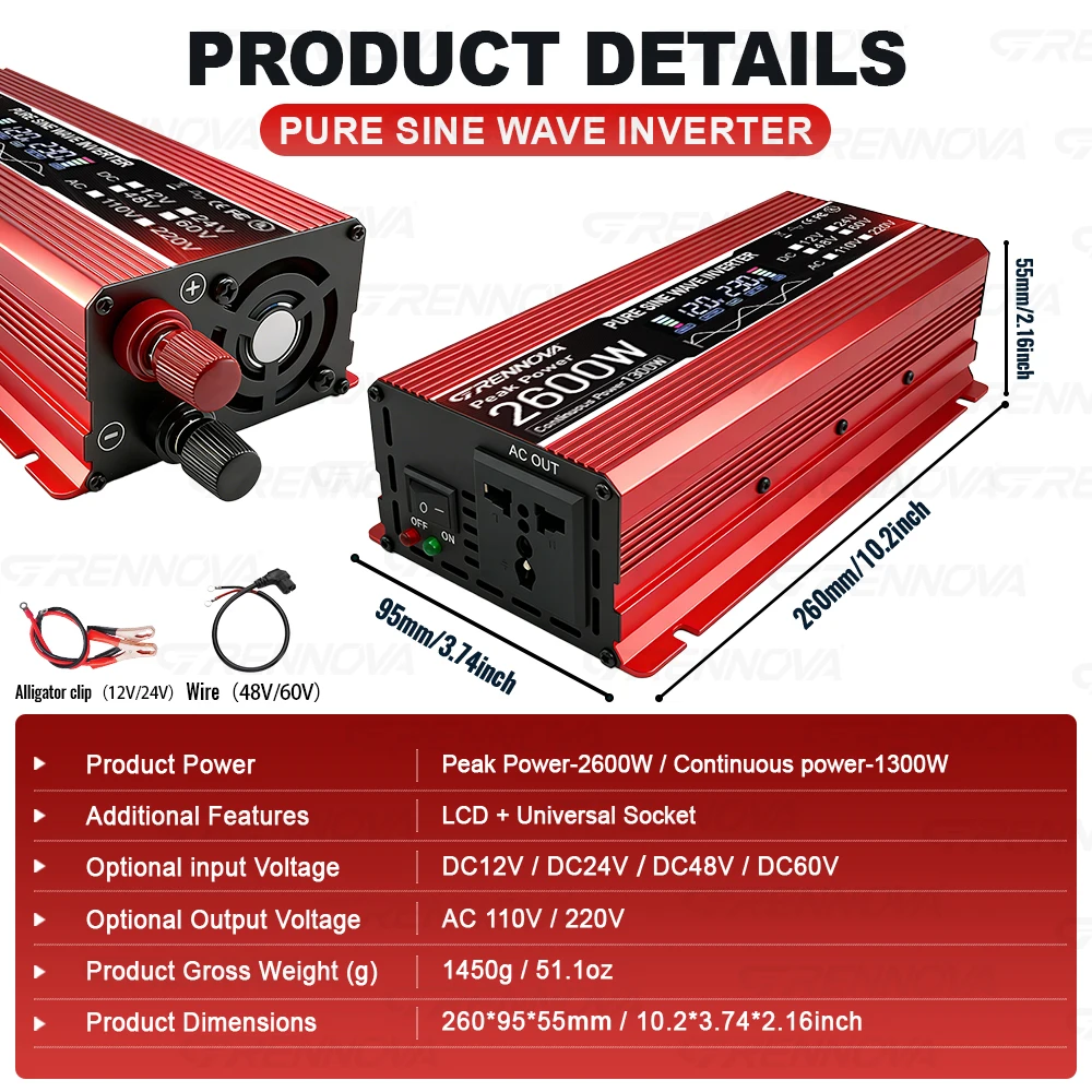 GRENNOVA Real 2600W Pure Sine Wave Inverter 12V/24V/48V/60V/72V to AC Voltage Transformer for Home Backup Solar Off-Grid System