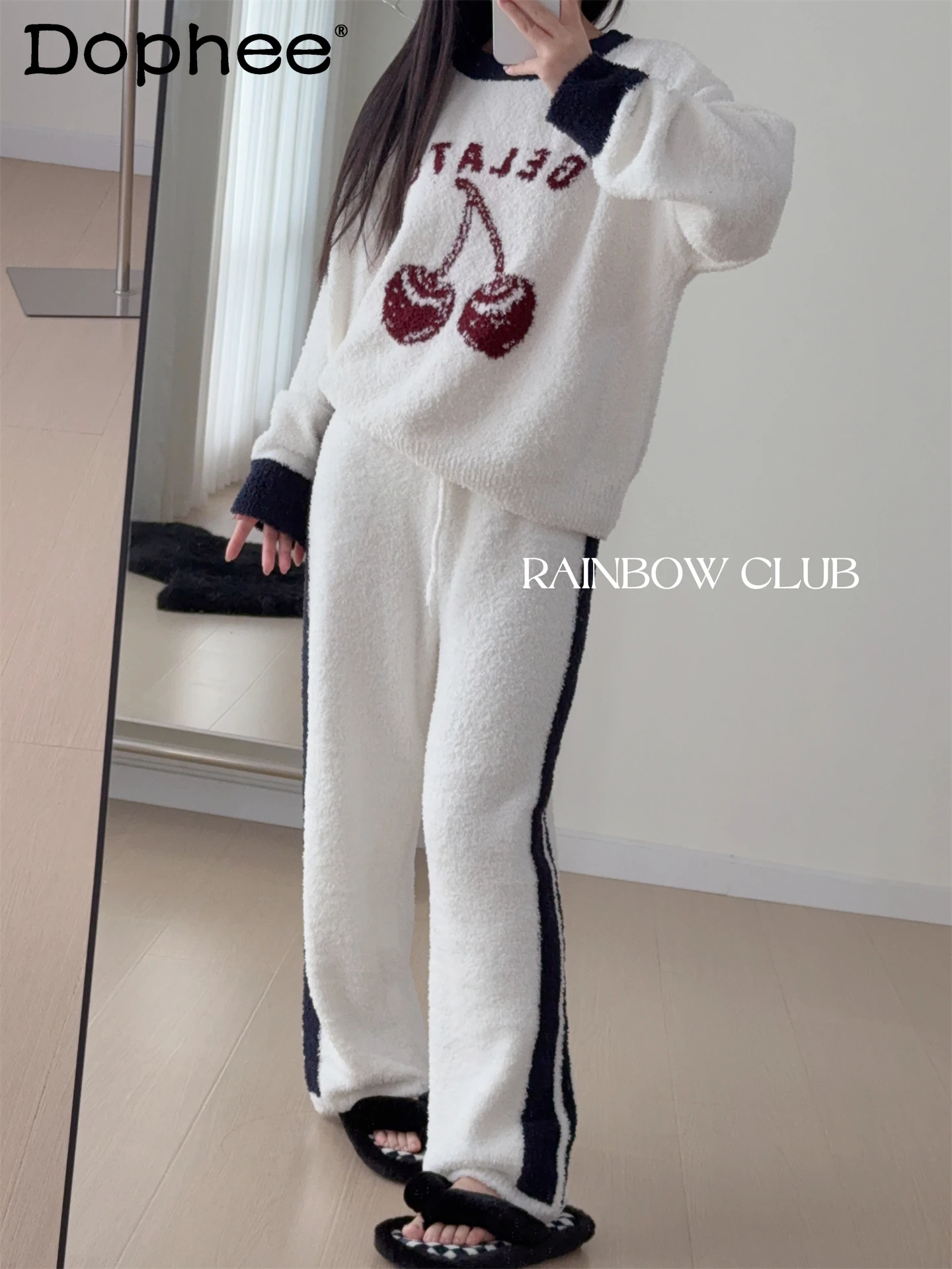 

Осенне-зимние новые мягкие плюшевые пижамы, милые милые повседневные свободные носимые домашние костюмы с круглым вырезом для женщин