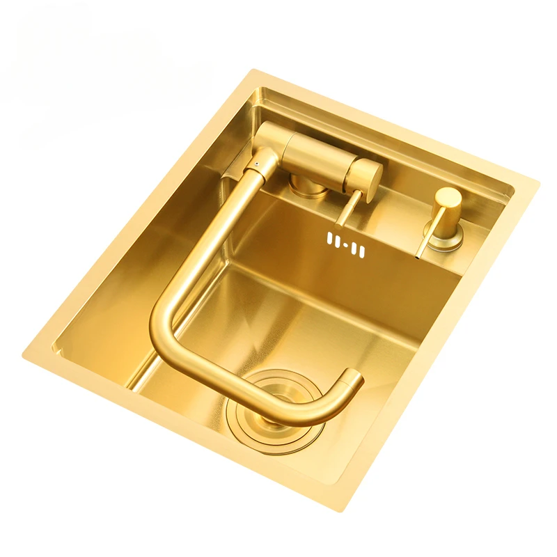 

Brushed Golden Kitchen Sink Small Single Bowl Bar Balcony Hidden Stainless Steel 45x35 cm