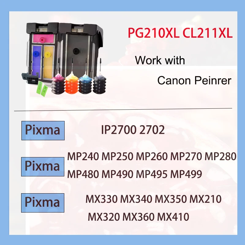 Vilaxh PG 210 CL 211 Refilled ink cartridge for CANON PG210 CL211 XL for Pixma MX320 MX330 MX340 MX350 MX410 MX420 Printer