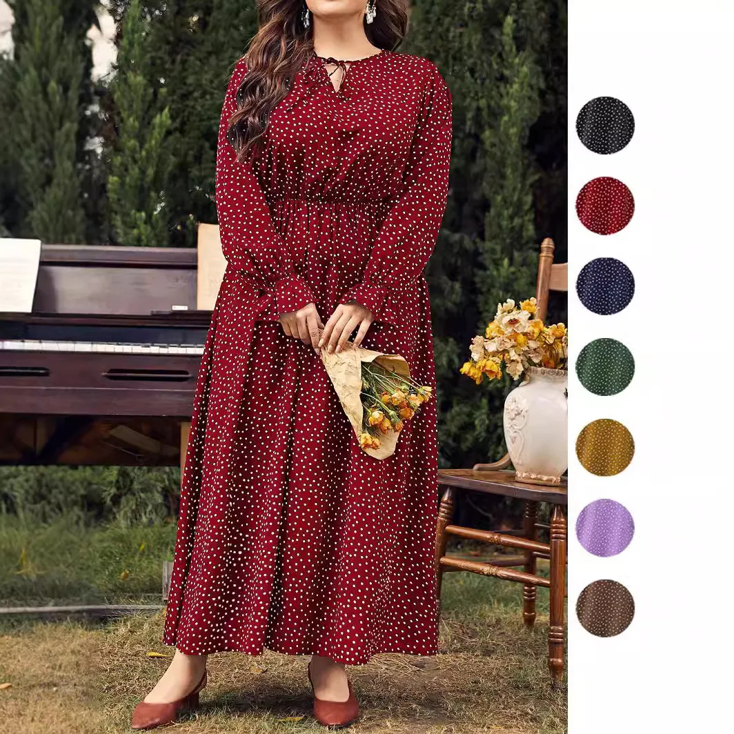 Plus Size Women's Dress Loose V-neck Ethnic Bohemia Style Printed Dots Fashion Casual Long Sleeved Dress Spring Autumn