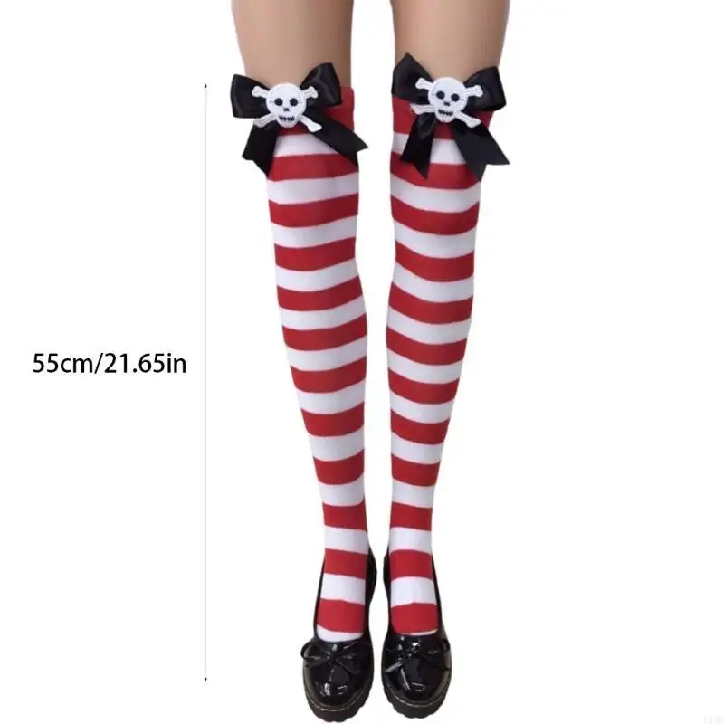 195E Sweet Bowknot Striped Over Knee Socks for Women Christmas Festivals Thigh High Long Tube Stockings Holiday Party Gift