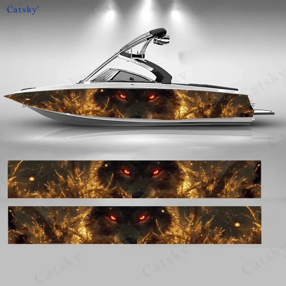 2Pcs Golden Wolf Boat Hull Decal, PVC Waterproof Durable Vinyl Wrap Decals for Fishing Boats, Durable and Stylish Design