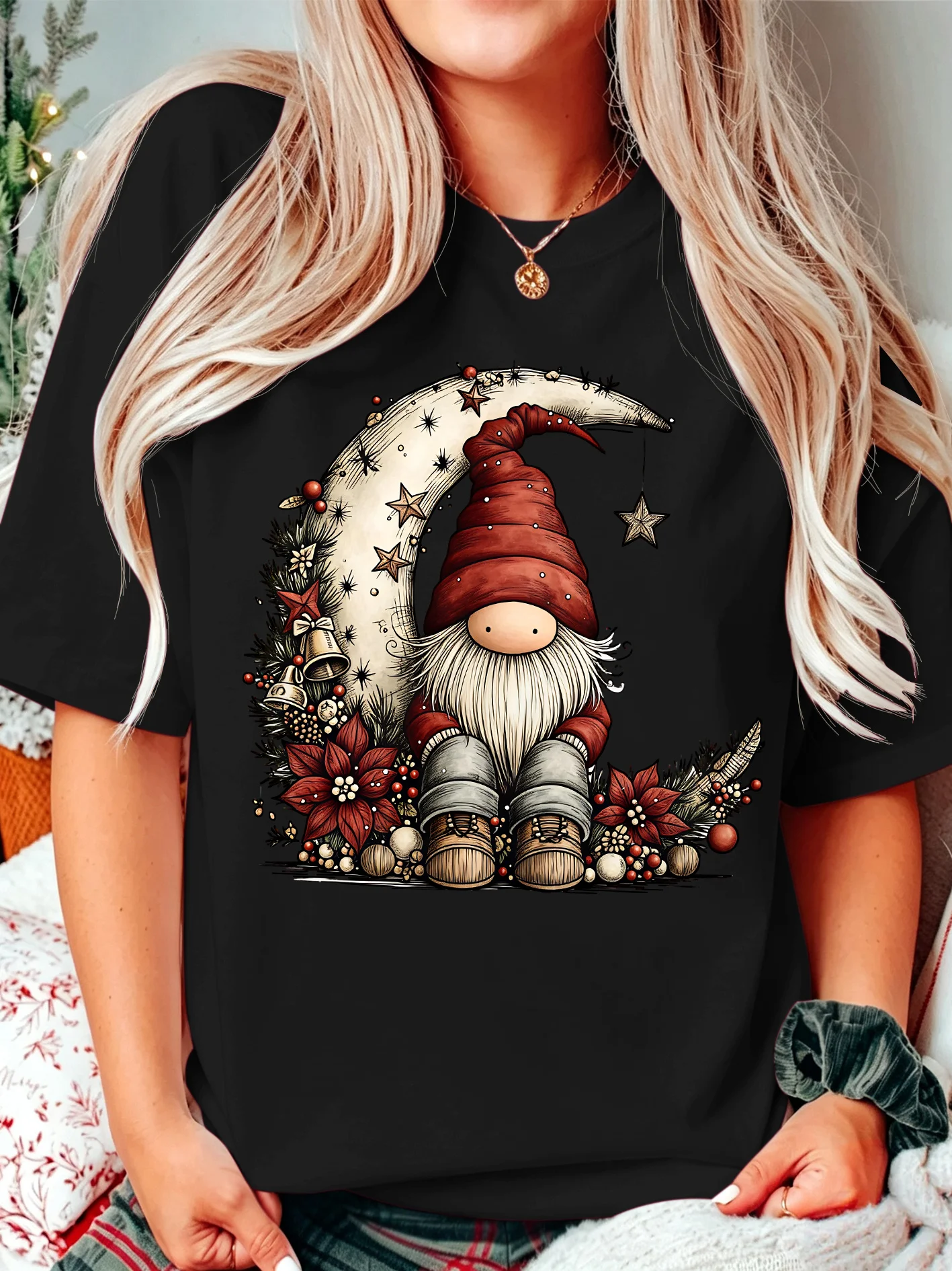 Christmas Gnome On Moon Womens Crew Neck Short Sleeve T Shirt Xmas Star Bell Poinsettia Graphic Tees For Ladies Daily Wear