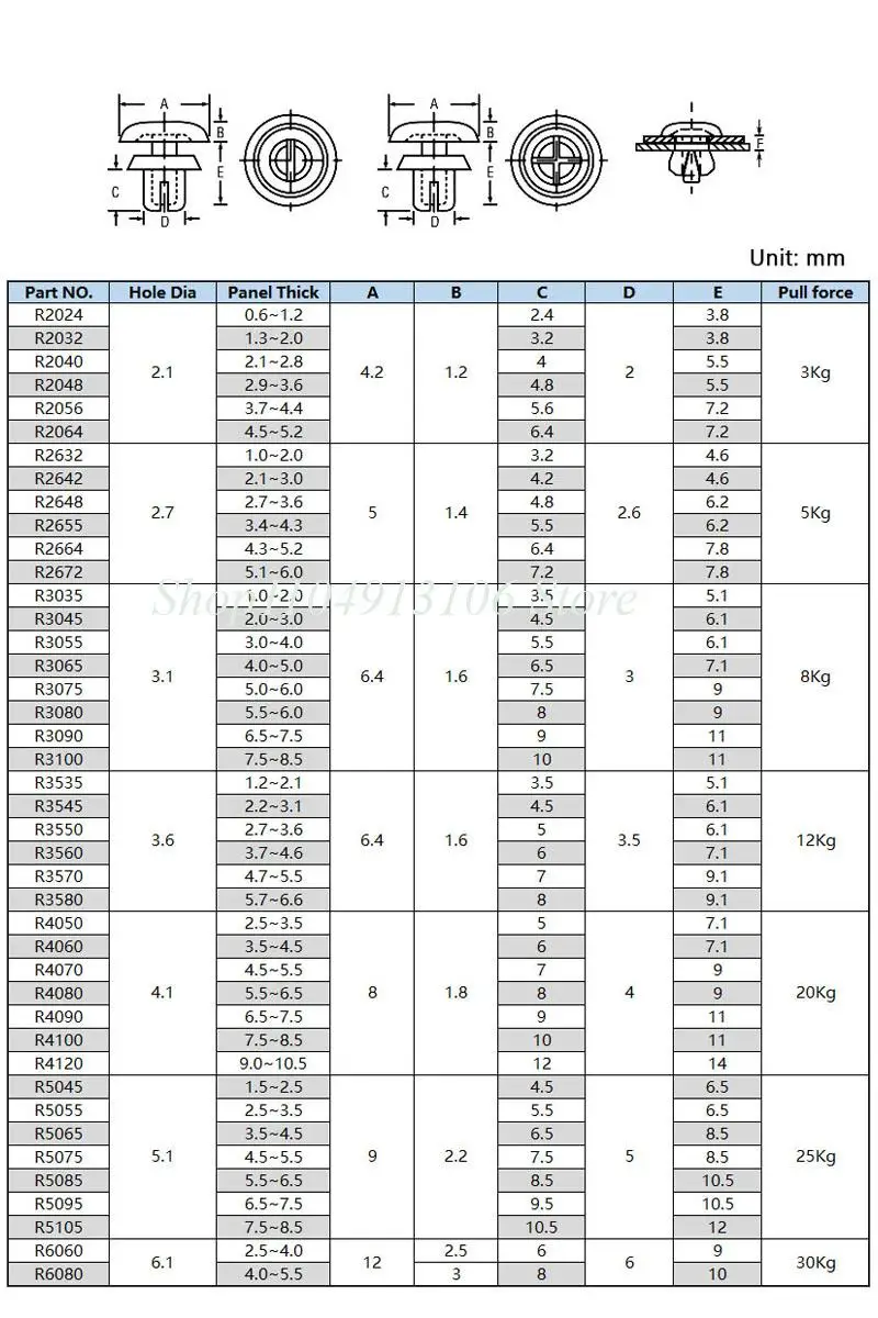 50pcs R Type Snap Rivet Buckle Clip for PC PCB Board All Cars Clip Set R4080-R6080 Black White Nylon Rivet Push-type Rivets