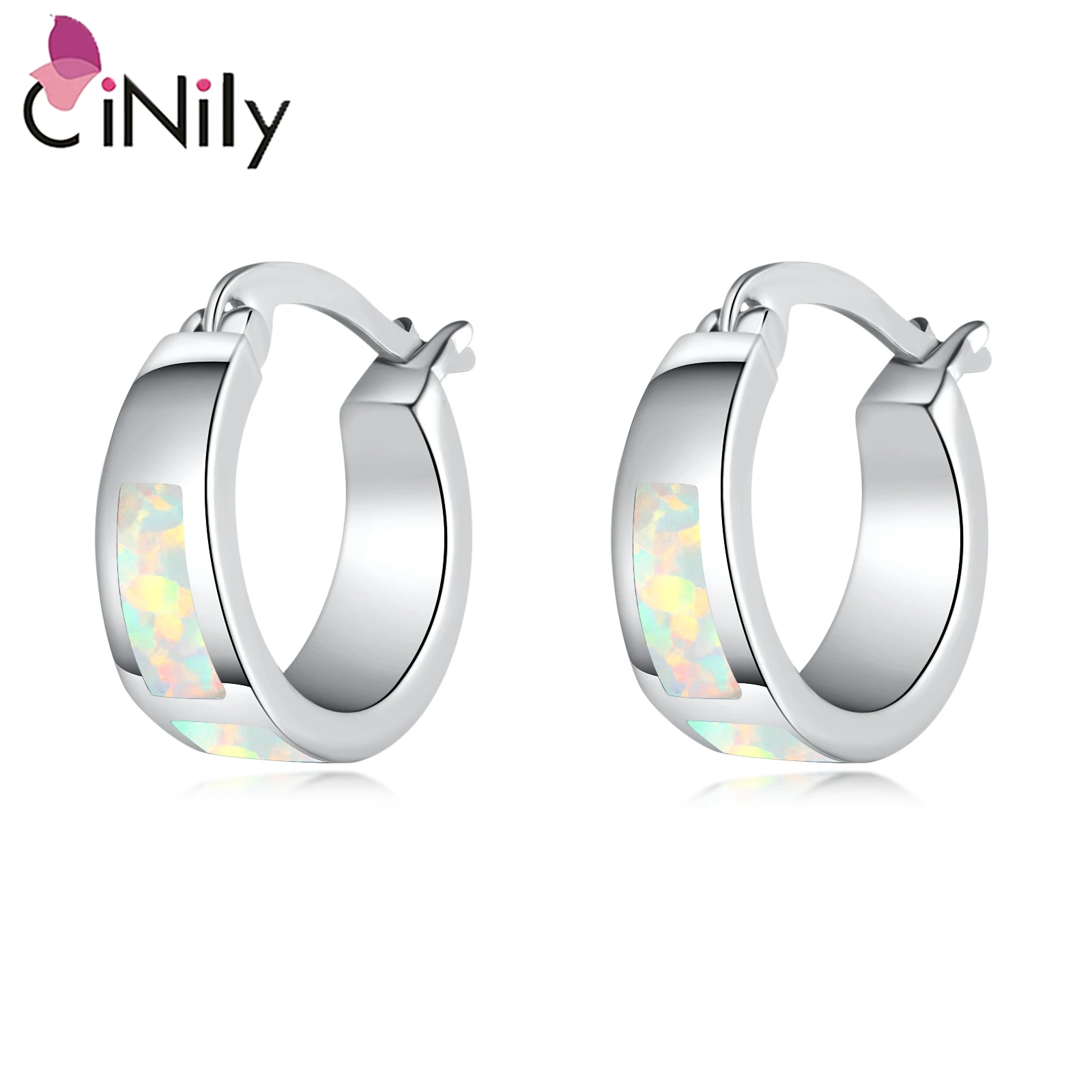 CiNily Stainless Steel Blue/White/Green Fire Opal Earrings for Women Girls Silver Color Adjustable Hoop Earrings Fashion Jewelry