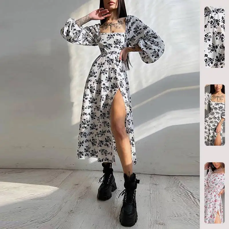 

Весна 2026: Новое женское длинное платье с открытой спиной, разрезом, принтом, завышенной талией, рукавами-фонариками, из полиэстера, для официальных мероприятий и повседневного стиля