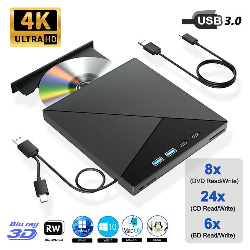 External 4K Blu ray Optical Drive Portable CD DVD +/-RW Player for Laptop PC Bluray Burner with USB 3.0 Type-C SD TF Card Slots