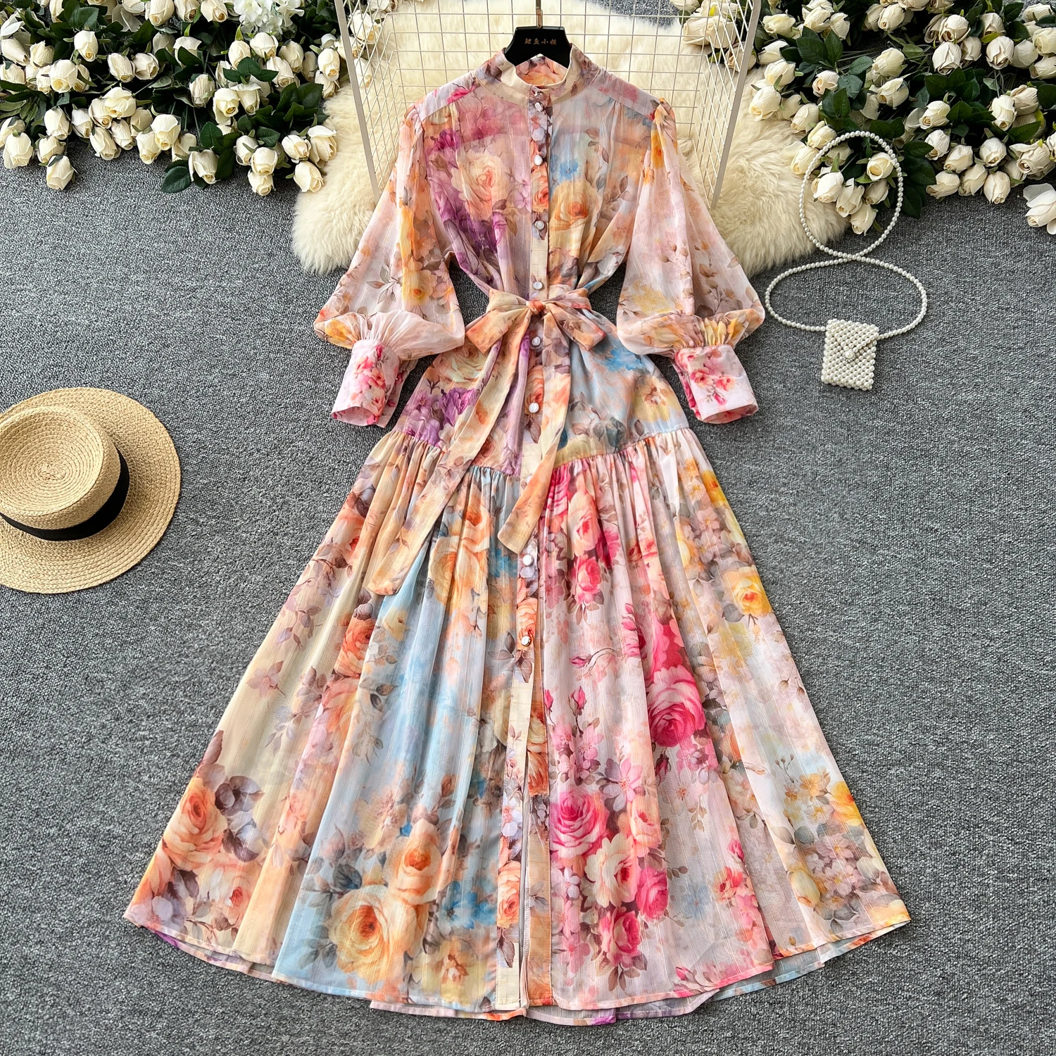 France Elegant Vintage Palace Evening Dress Women Print Sashes Stand-up Collar Party Dress Female Casual Chic Holiday Clothing