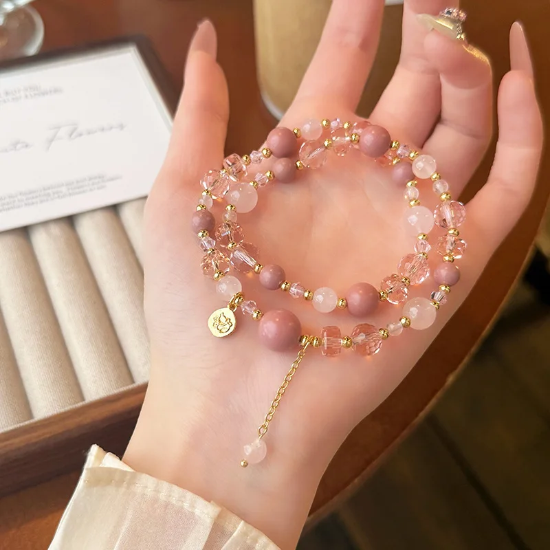 Chinese Style Lucky Fragrant Flower Stamen Bead Crystal Double Layer Bracelet For Women Auspicious Blessing Fortune Fu Character
