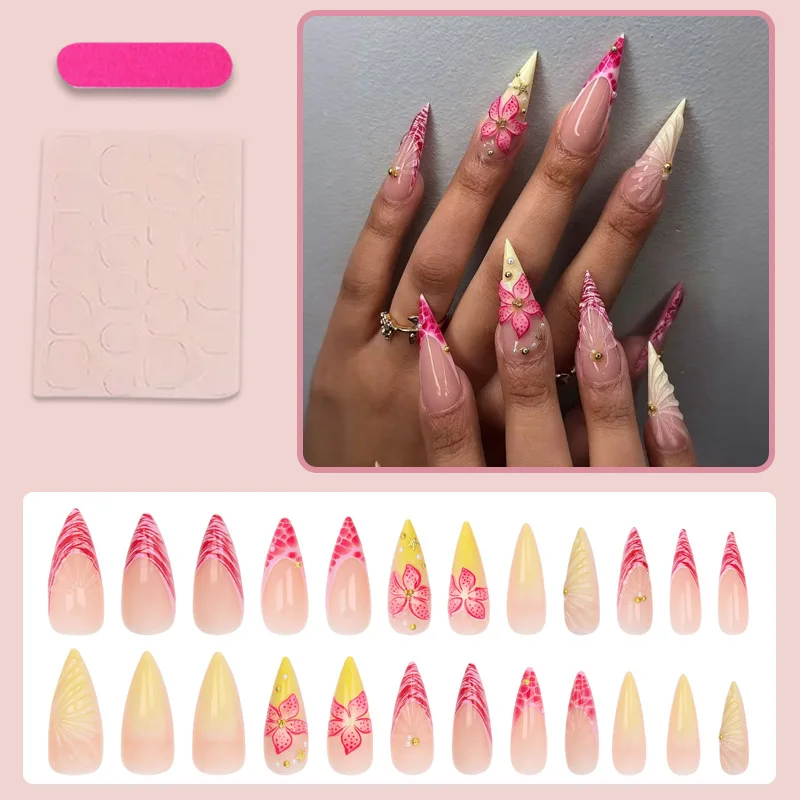24 pieces of ultra-long nail stickers nude 3D pink prumeliya shell-shaped wing pearl fake nails