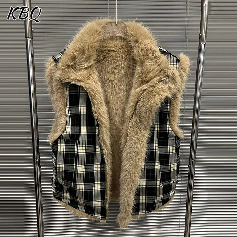 

KBQ Elegant Hit Color Spliced Feather Loose Chic Coats for Women Lapel Sleeveless Casual Grid Coat Female Fashion Style New