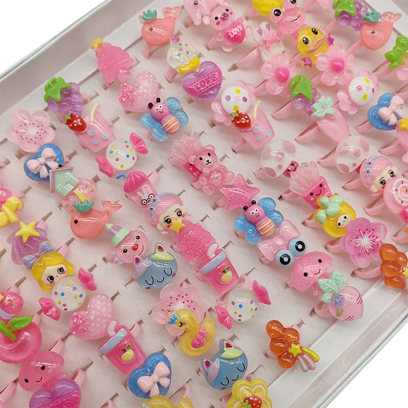 30/100/Lot Hot Mix Style Kids Finger Rings Open Adjust Design Children Ring Cosplay Jewelry Clear Animal Fruit Candy Girl Gifts