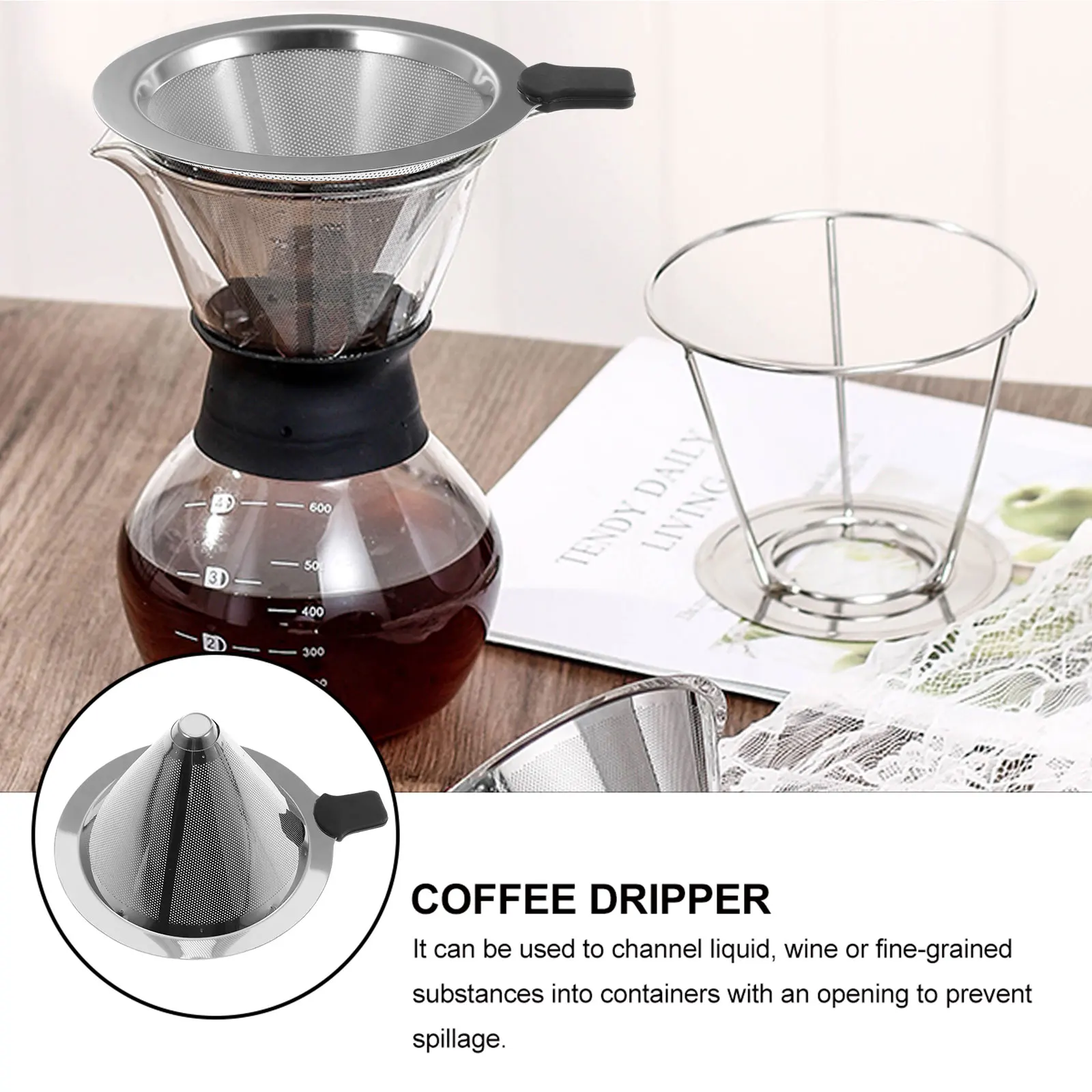

1pc Stainless Steel Coffee Dripper Reusable Fine Mesh Filter Kitchen Funnel For Home Restaurant Hotel Coffee Filter Cone