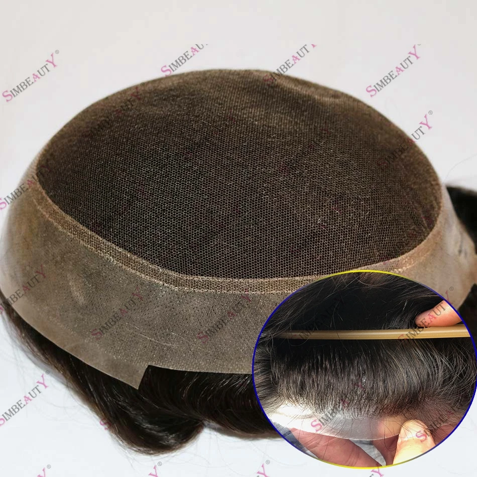 Australian Lace Top Microskin Poly Human Hair Toupee for Men 120% Density Brown Hair Breathable Classic Hairpiece for Hairloss