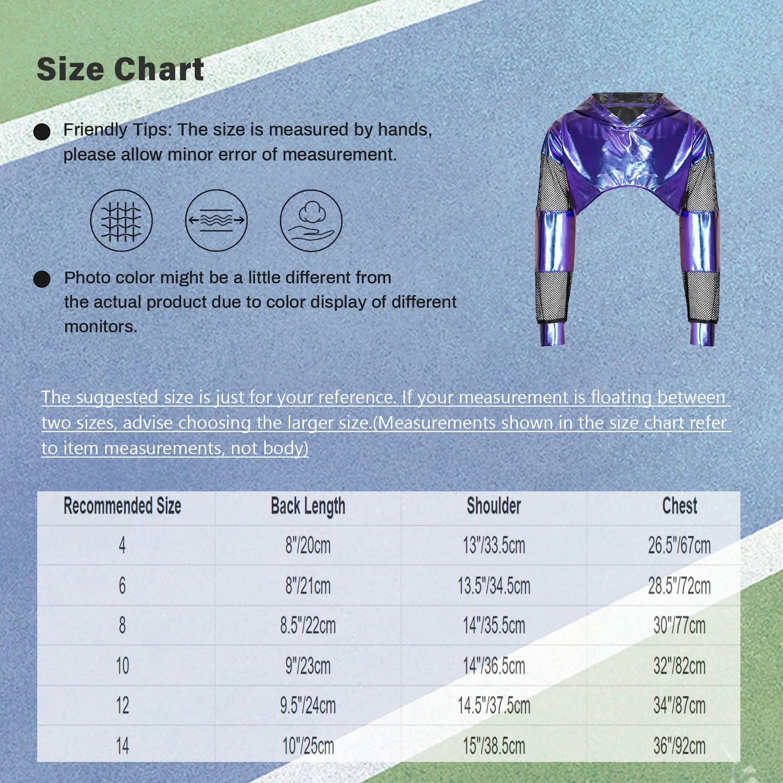 Kinder Mädchen Metallic Hoodie Hip-Hop Jazz Dance Performance Kostüm Mesh Patchwork Langarm Kapuzenpullover Crop Top Sweatshirt – Detail 1