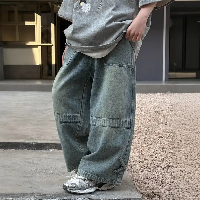 2026 Spring Summer Boys Loose Straight Leg Distressed Jeans Korean Style Fashion Casual Denim Pants Kids Trousers