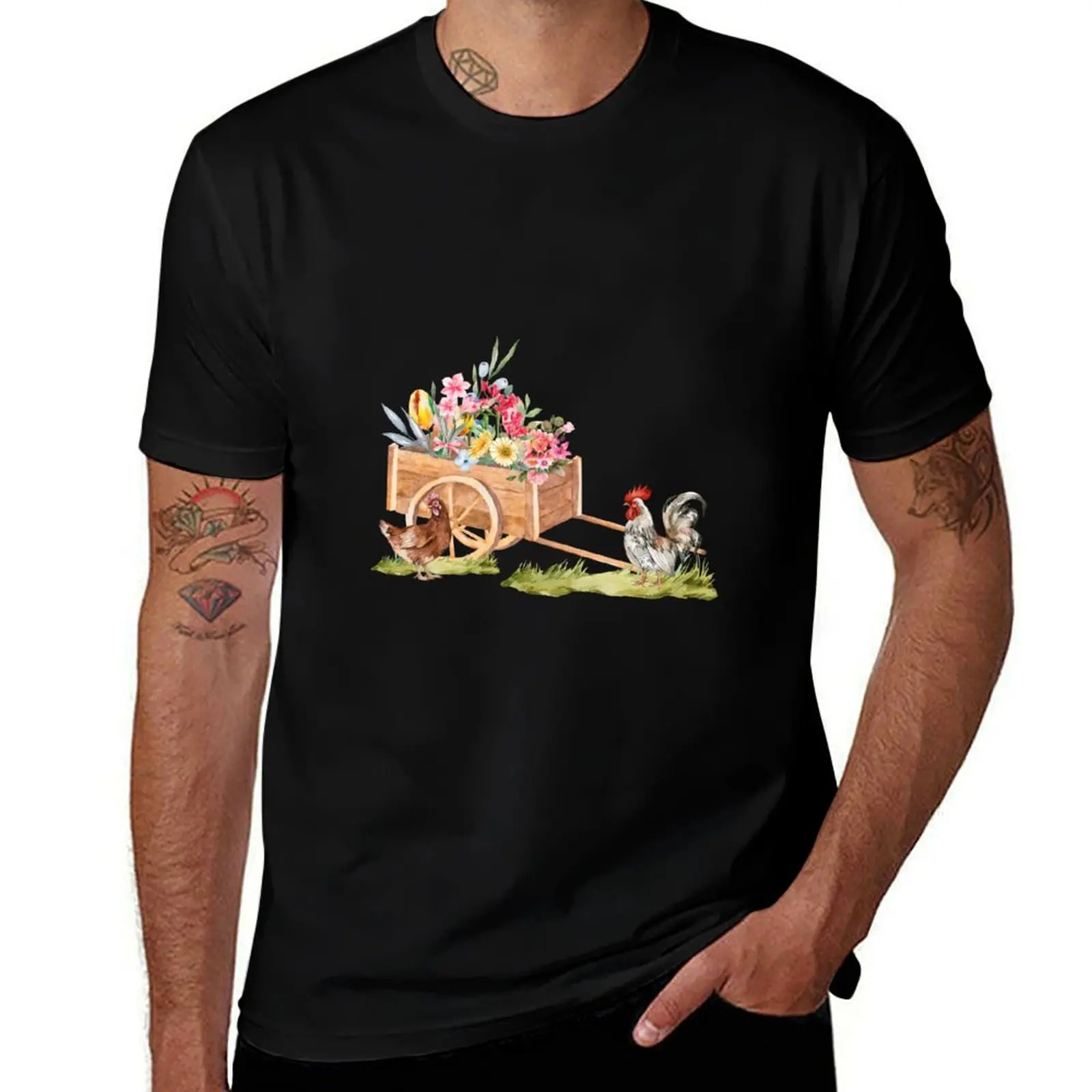 Spring watercolor illustration : wooden cart with flowers near a hen and a rooster T-Shirt