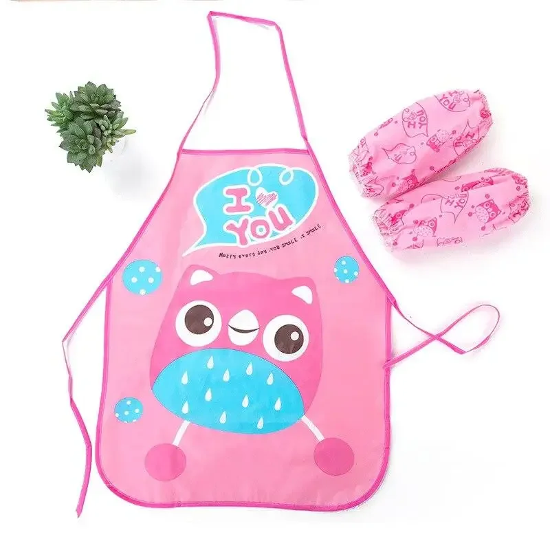 1Set Child Kid Apron Cuff Kit Kitchen Art Baking Painting Pinafore+Arm Sleeve PE PVC Waterproof Cartoon Cute Animal Style Aprons