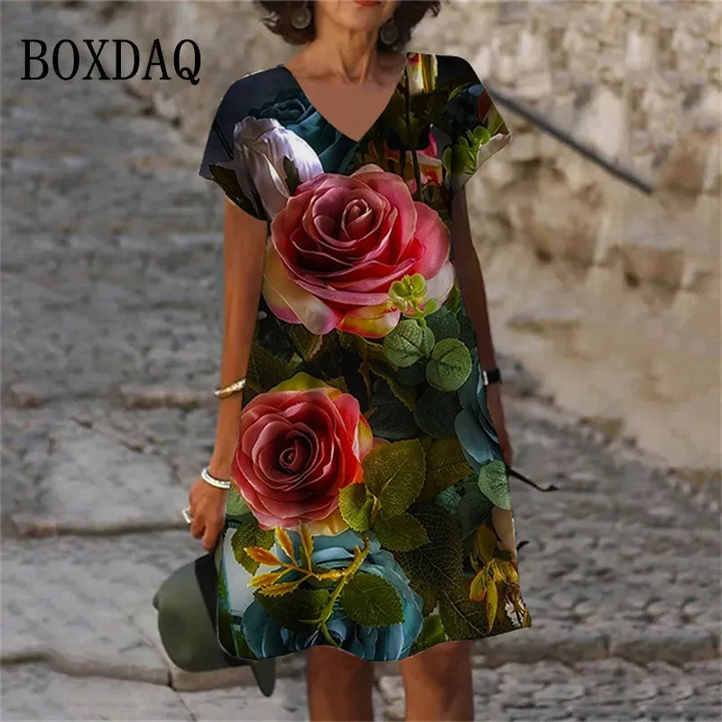 Nowe różane FloralGreen roślina liściasta kwiaty 3D drukuj kobiety sukienka 2023 ponadgabarytowych lato w stylu Vintage z krótkim rękawem dekolt w serek sukienki A-Line