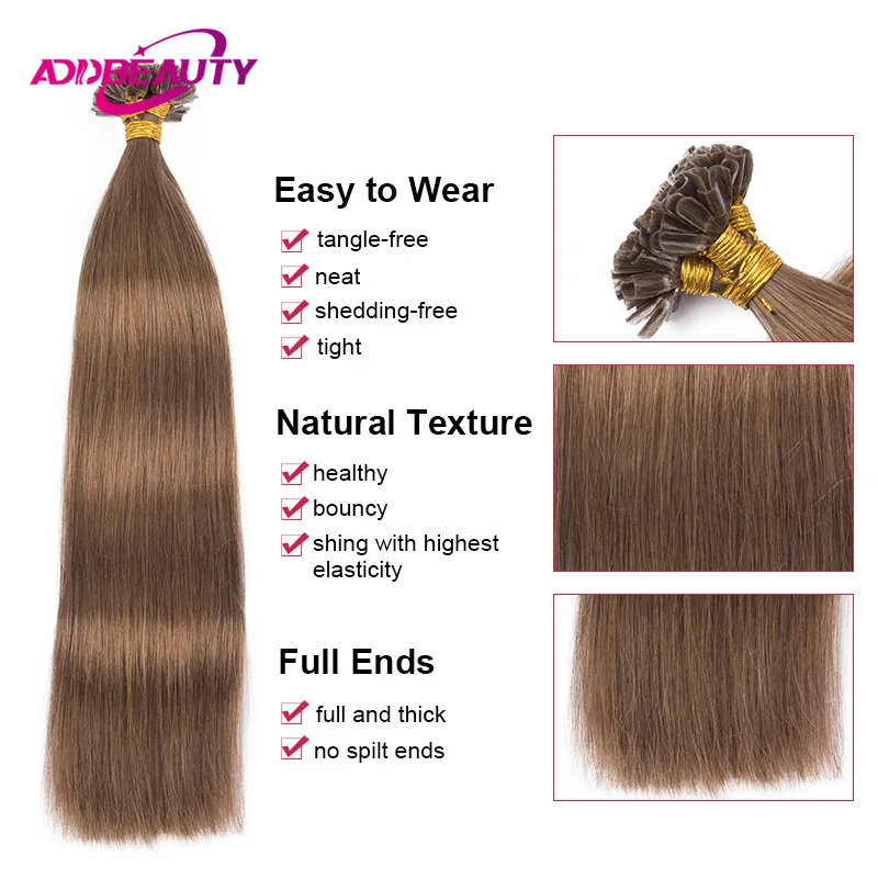 Addbeauty Human Fusion Hair Extensions U Tip Keratin Capsule 100% Remy Human Hair Nail Tip Machine Made Hair Extension Natural