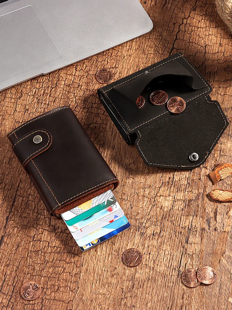 First layer cowhide aluminum box double-layer card bag retro anti-theft brush automatic pop-up dollar clip real pickup cover