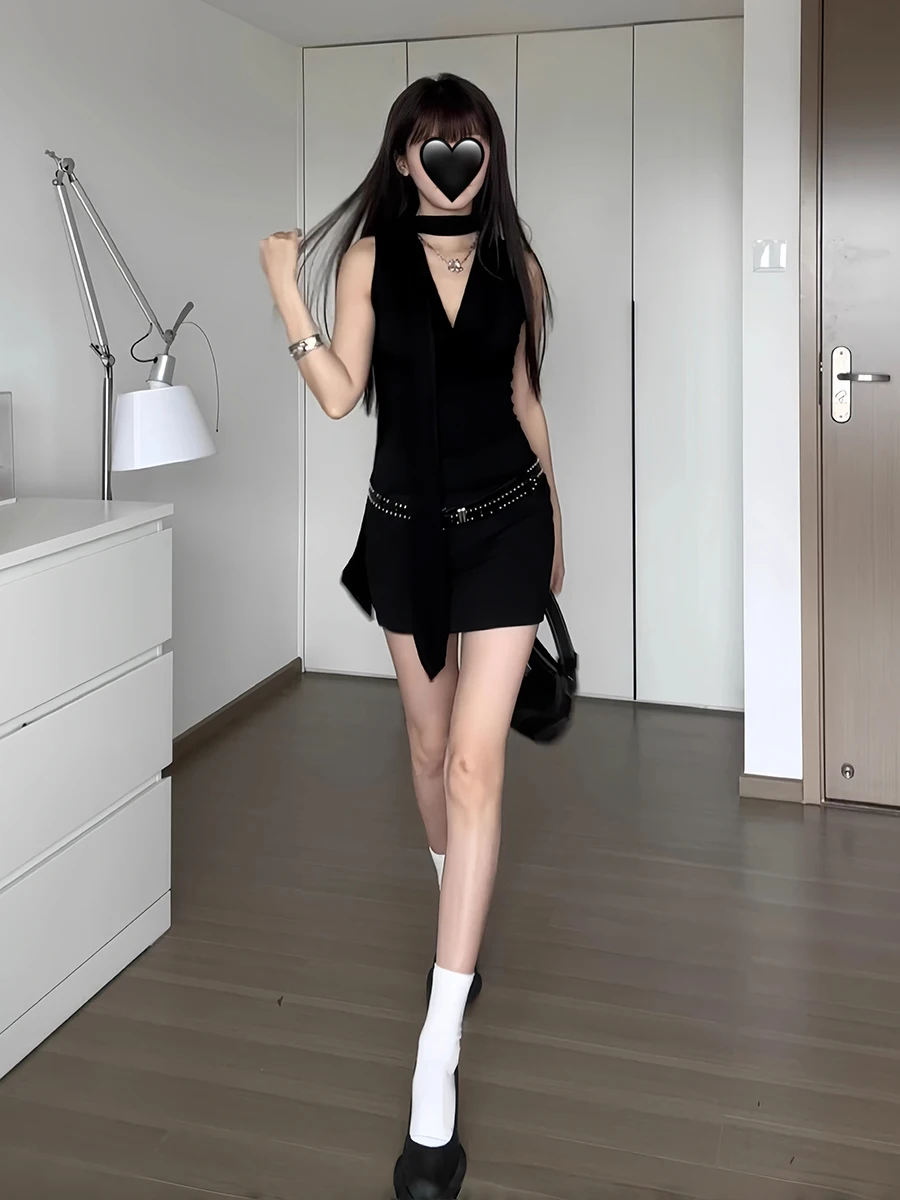 ReddaChic Women Sexy Black Modal Tank Dress Solid Scarf Cowl Neck Sleeveless Stretchy Bodycon Mini Dress Sexy Night Clubwear